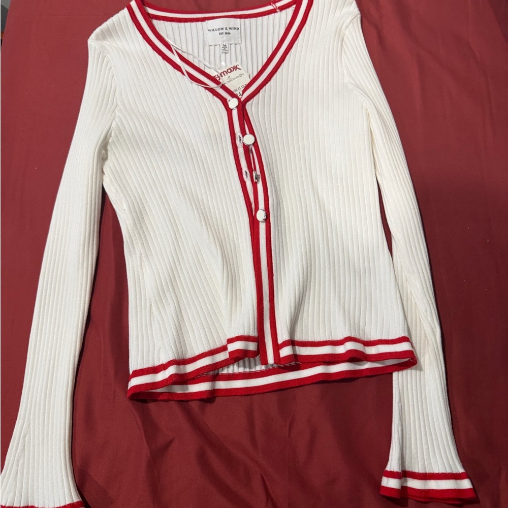 White and Red Ribbed Cardigan